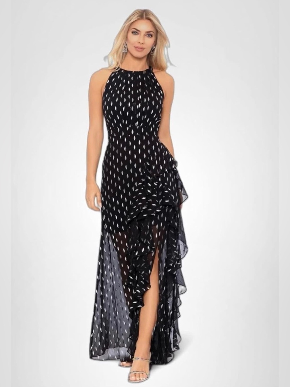 Betsy & Adam chiffon gown, black with silver metallic, size 12 EUC!